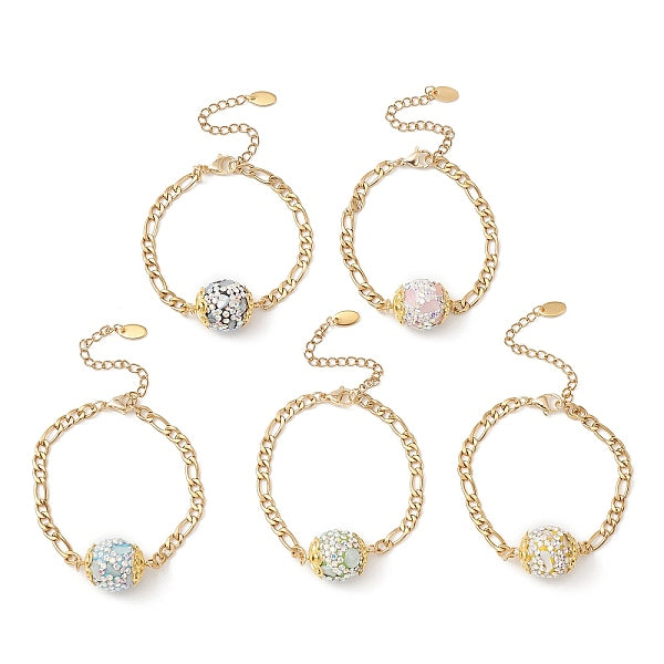 Polymer Clay Rhinestone Disco Ball Link Bracelet with Figaro Chains