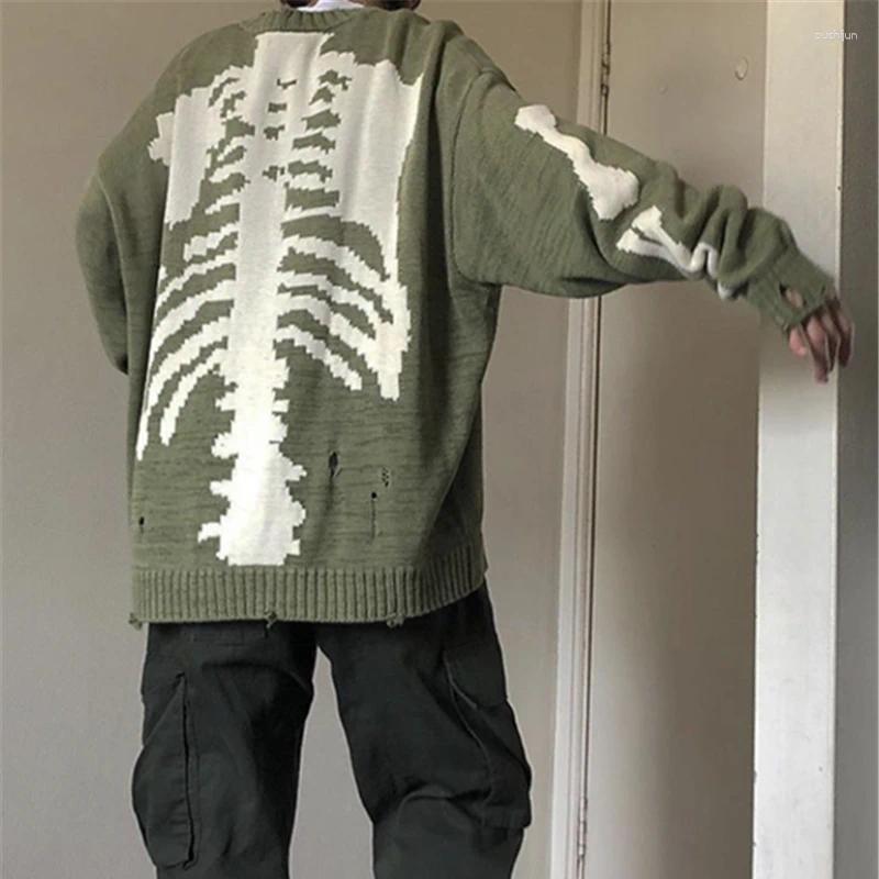 Men&#039;s Sweaters KAPITAL Kountry Skull Knitting Sweater Men Women Ghost Skeleton Graphic Vintage Destroyed Green Hole Pullovers