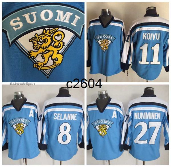 c2604 Mens Vintage 11 SAKU KOIVU 1998 Team Hockey Jerseys 27 TEPPO NUMMINEN 8 TEEMU SELANNE Light Blue Jersey M-XXXL