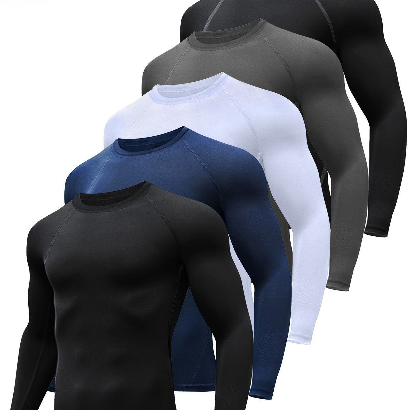 TEMU 5pcs Compression Shirts Men Long Sleeve Rash Guard Athletic Undershirt Gear Tshirt For Sports Workout