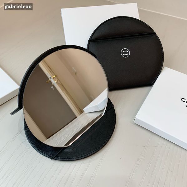 Designer Black Round Classic Printed Folding Mirror Women&#039;s Portable Leather makeup mirror Travel Makeup Tool Diameter 13.5cm