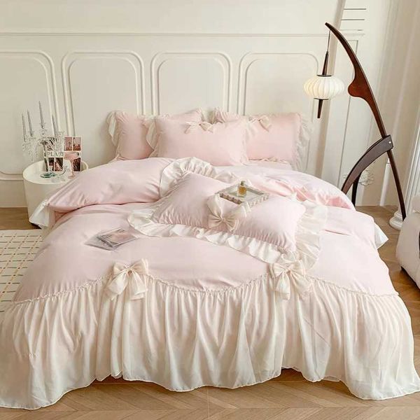 Chiffon lace pink French romantic princess wedding ruffled bow soft down duvet cover bedding pillowcase home textiles Y241012