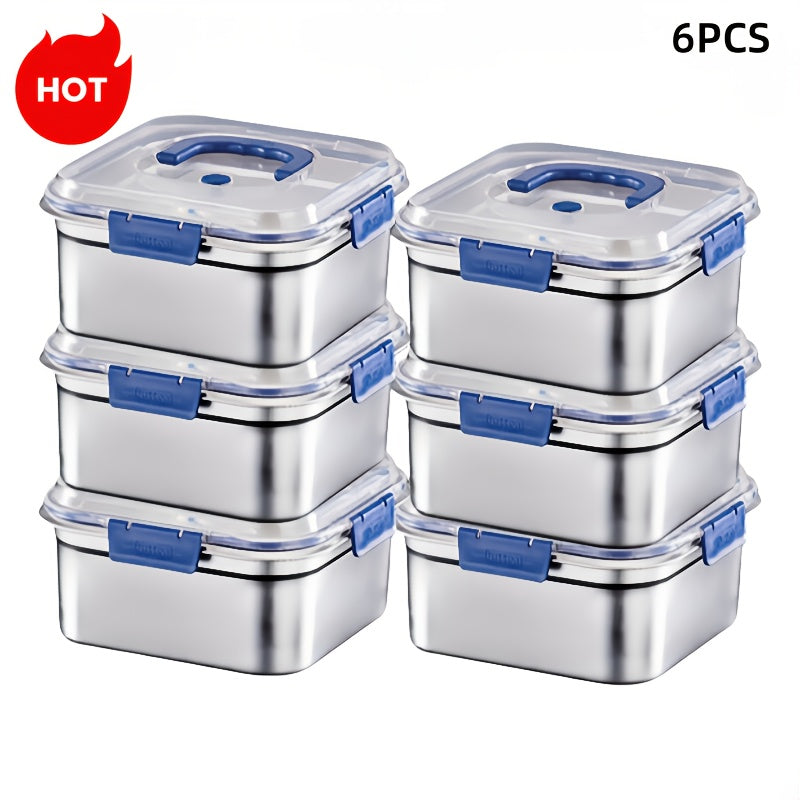 TEMU 6pcs Oversized Stainless Steel Food Storage Containers With Blue Lids - 60, 87oz, Leak-proof & Reusable, Refrigerators, Bento Boxes, And Meal