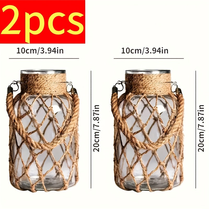 TEMU 1pc-2pcs Retro Style Glass Vase With Rope Decoration, Transparent Dried Flower Decorative Pot, Suitable For Flowers And Dried Flowers, Suitable