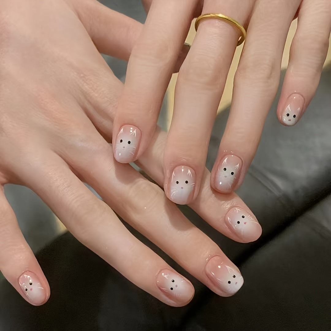 TEMU 24pcs Short Square Press-on Nails - Cute Cartoon Cat In Armor Design, Glossy White & Pink Pastel Colors, Japanese-, Versatile Wear For Daily Use