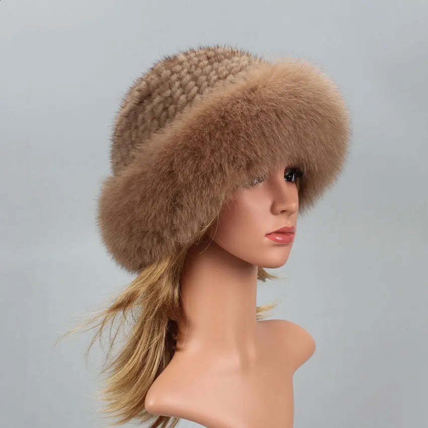 Real Fur Hat Winter for Womens Cap Natural Mink Fur with Fox fur Beanies Russian Sun Knitting Bucket Hat Bonnets Fashion 240828