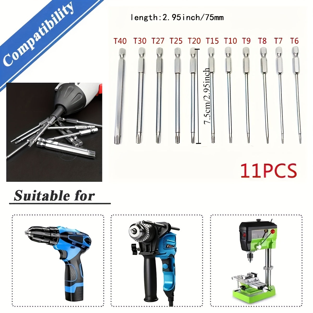 TEMU 11pcs Shaped Plum Drill Set, S2 Alloy Steel, 75mm Long, Mechanical And Home Diy Tool Kit, With Hexagonal Socket, For Vehicle And Electrical