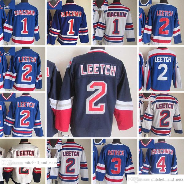 Vintage Hockey 1 Eddie Giacomin Jerseys CCM Embroidery 2 Brian Leetch 3 James Patrick 4 Ron Greschner 77 Phil Esposito Jersey Blue White