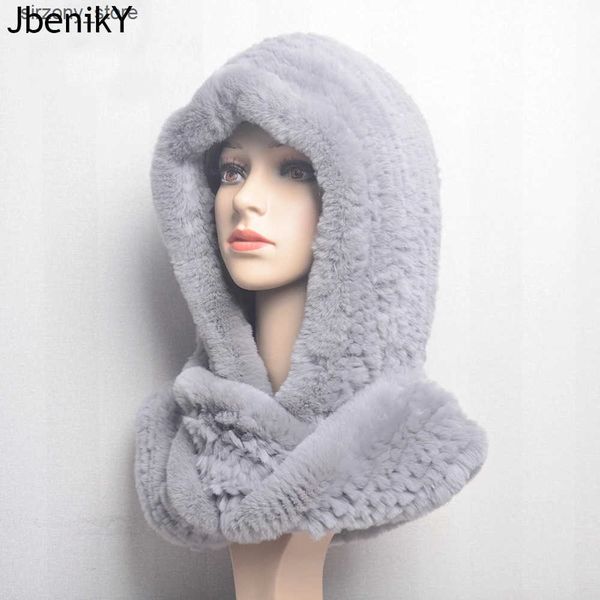 Fashion Face Masks Gaiter Women Knitted Real Rex Rabbit Hooded Scarf Winter Hats for Woman Fall Cap Warm Natural Fur Hat with Neck Scarves B