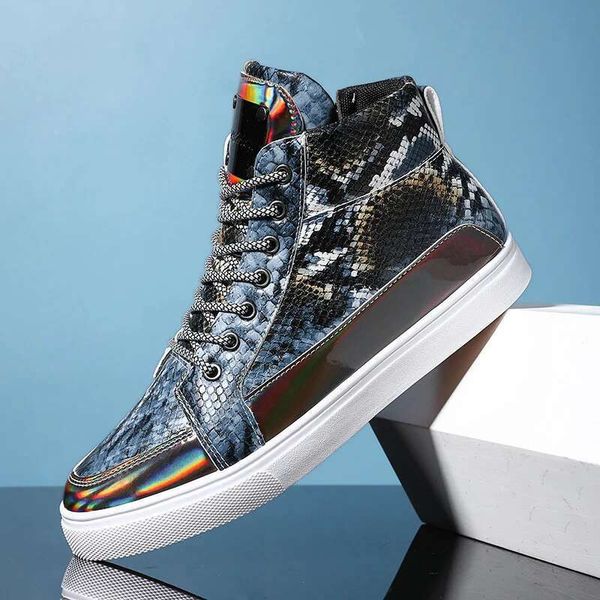 New Design Fashion Snake Printed Original Men&#039;s Sneakers Comfortable Leather High-top Lace-up Flat Shoes Casual Men