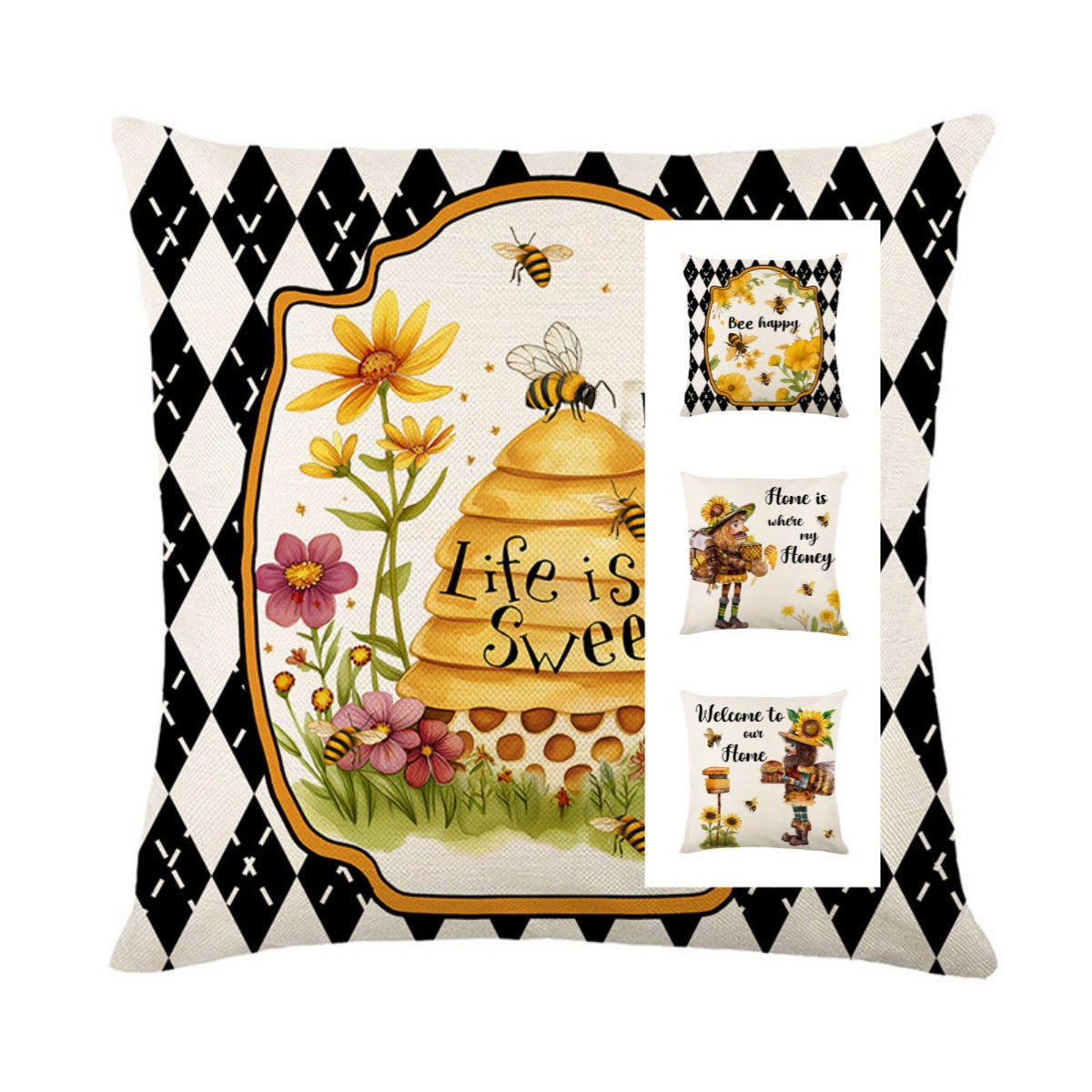 Pillowcase Bohemian Style Bee Print Linen Pillow Case - Classic 18x18 inch Square Cushion Cover
