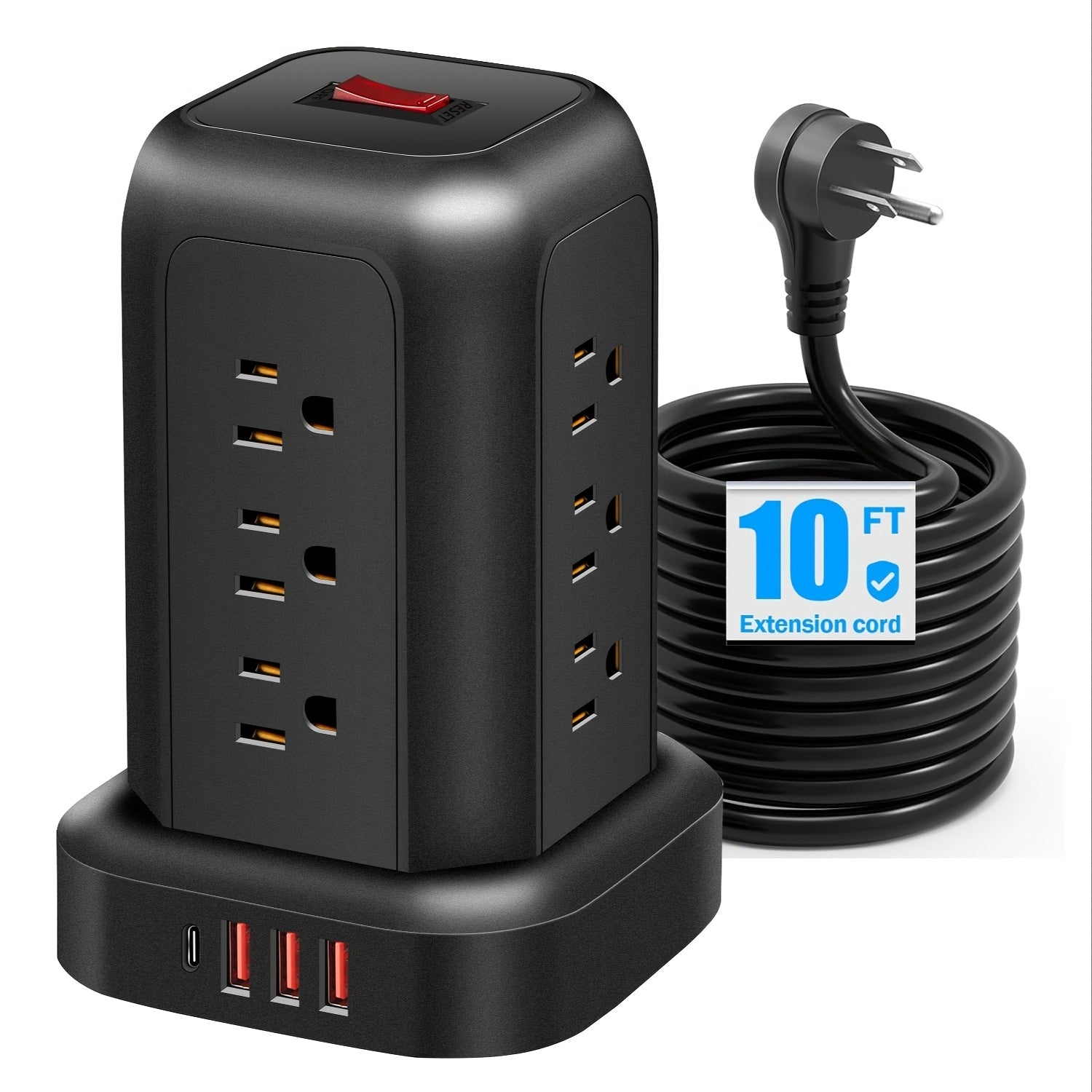 TEMU Power Strip Tower Protector, Desktop Charging Station, 10ft Extension Cord, 3-prong, Grounded, With 12 Ac Outlets, 4 Usb Ports, Multiple