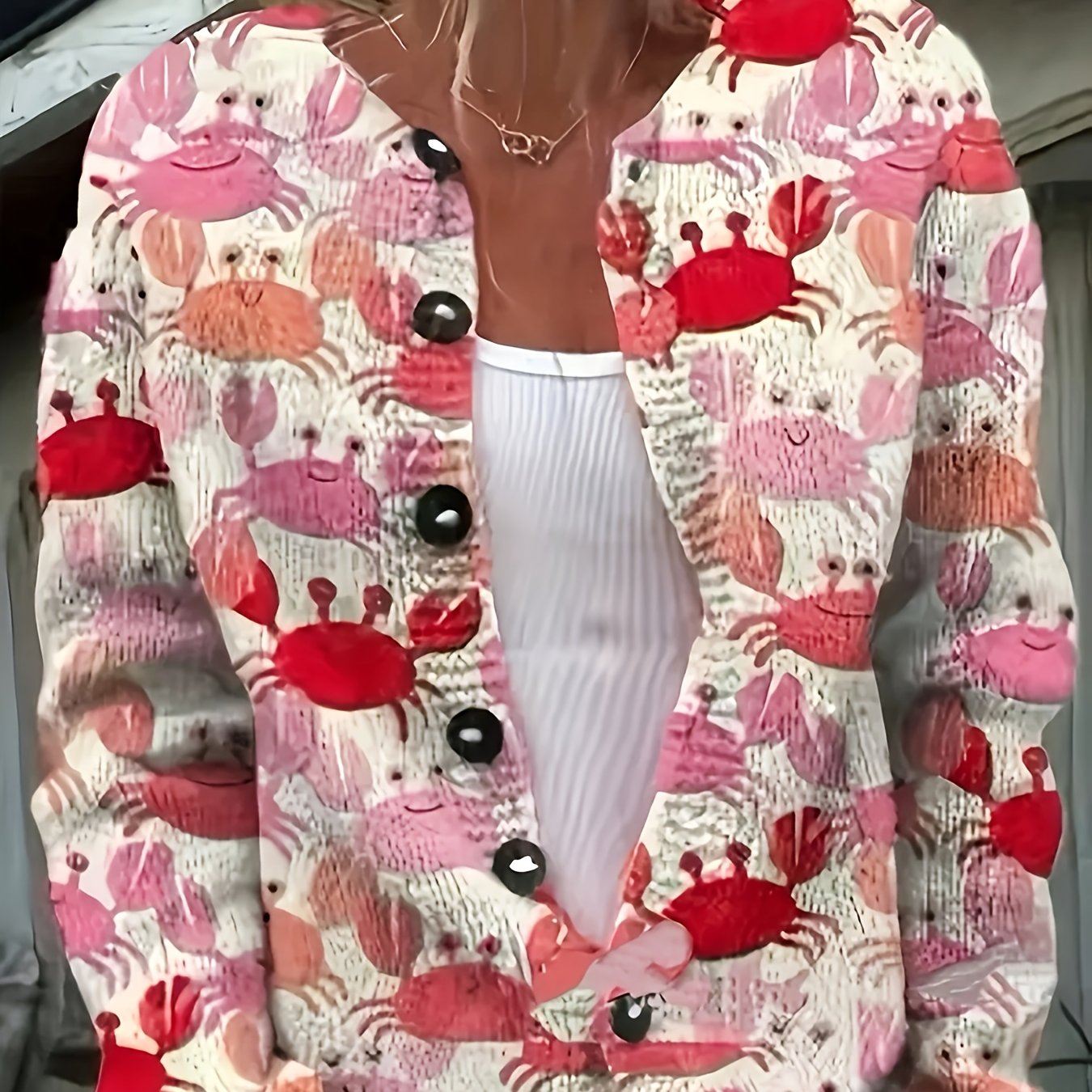 TEMU Women's Casual Cardigan Sweater - Vibrant Crab Print, Button-, Long Sleeve Round Neck, Soft Fabric, Pattern, Durable Buttons, Machine Washable,