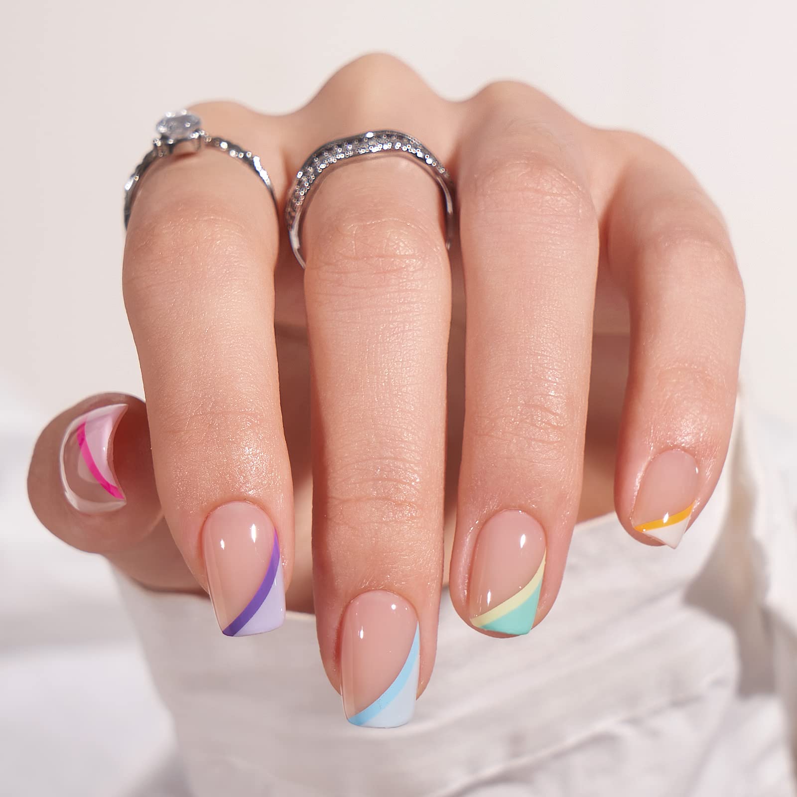 Multi Colored And Diverse French Edge Medium Length Press On Nails,Unique Personality Suitable For Girls And Women&#039;s Daily Wear