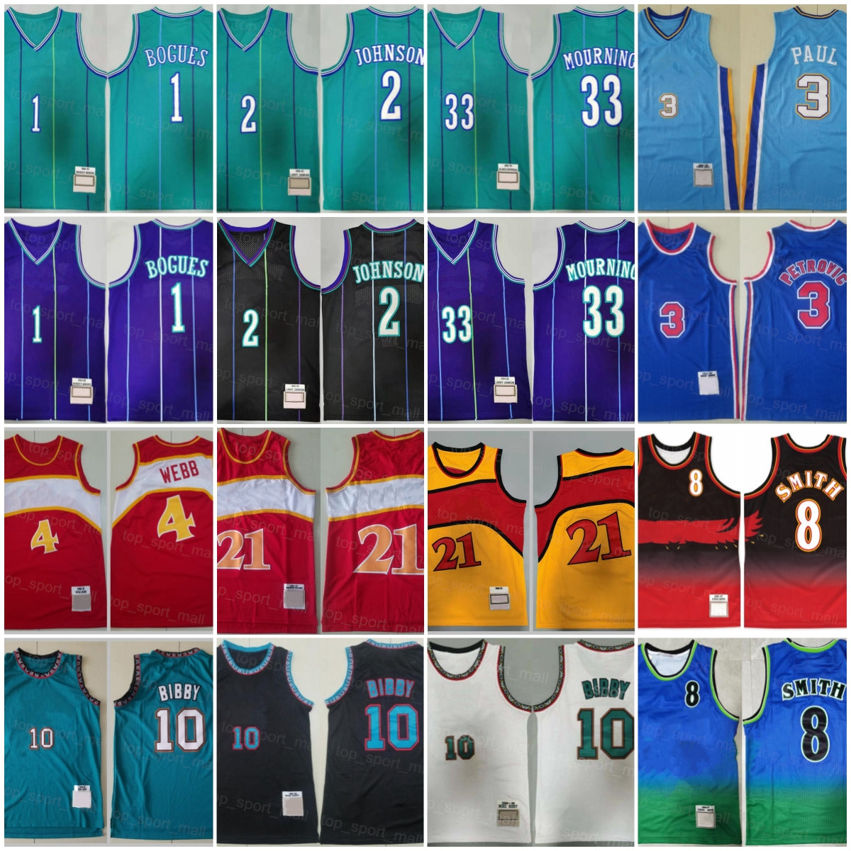 Basketball Throwback Spud Webb Jersey Tyrone Muggsy Bogues Larry Johnson Alonzo Mourning Chris Paul Steve Smith Michael Mike Bibby Drazen Petrovic V