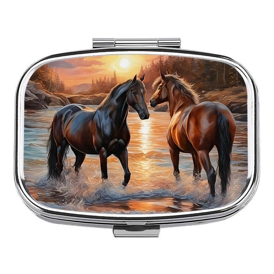 TEMU Chic Horses In Water Design Pill Box - Compact 2-compartment Medicine & Vitamin Organizer With Snap Closure, Travel & Purse