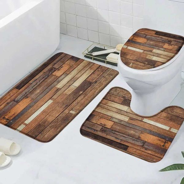 Vintage wooden board bath mat farm country brown barn wood texture decoration non slip carpet bedroom kitchen entrance carpet M240829
