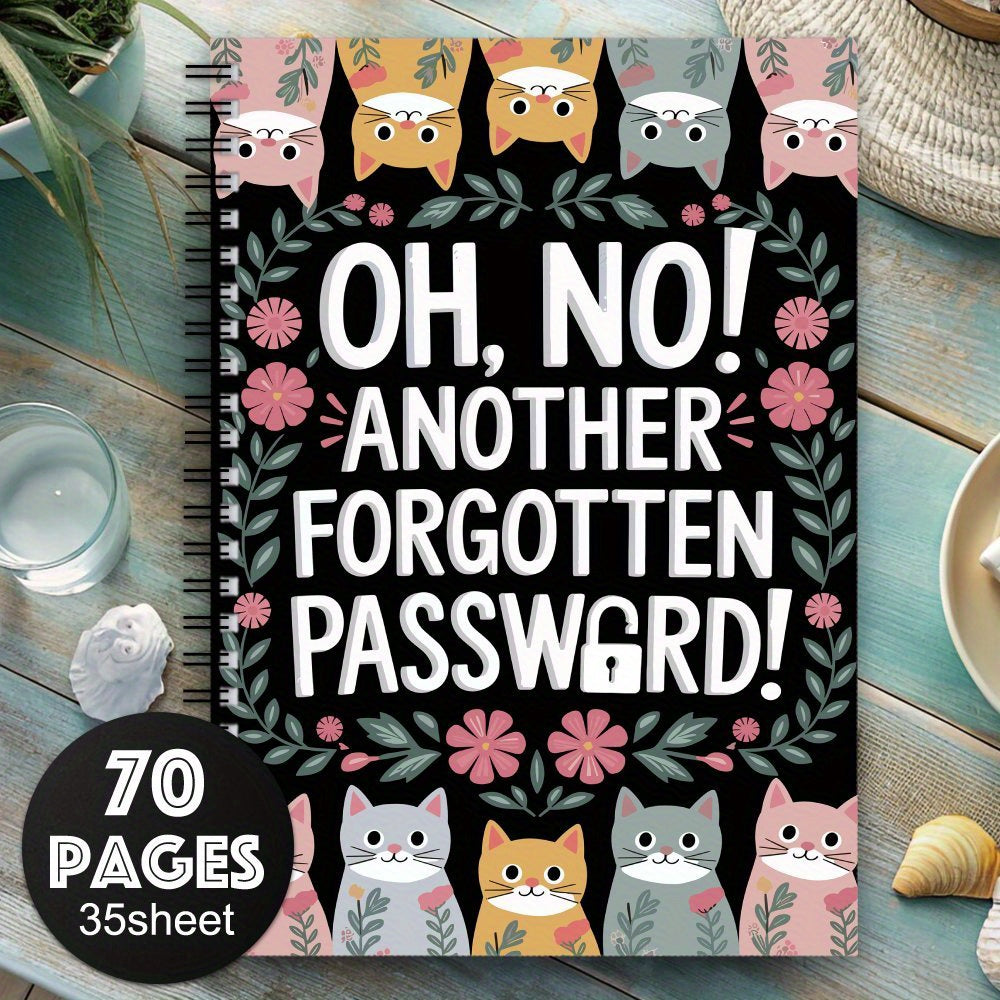 TEMU 1pc Whimsical Cat Password Notebook - 70 Pages, "! Another Password!" Cover, Floral & Cat Illustrations, Organizing Internet Details & Staying