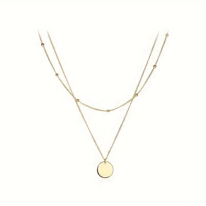 TEMU European-inspired Women's Layered Necklace - Golden-tone Beaded Chain With Circular Pendant, Minimalist Elegant Jewelry For Casual Attire &