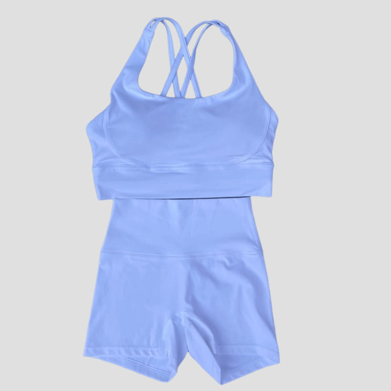 Women Two Pieces Yoga Set Backcross Sport Bra Fiess Tank Top High Waisted Workout Tights Biker Gym Shorts Tracksuits Activewear