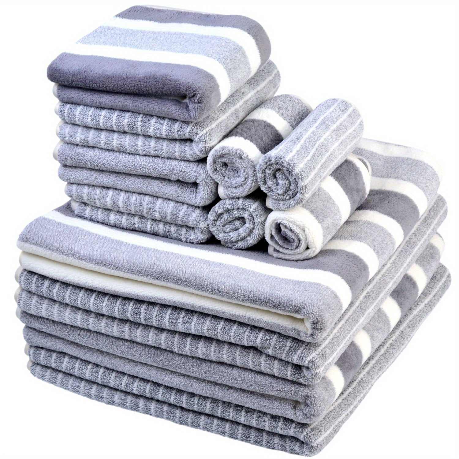 TEMU 12pcs Oversized Coral Fleece Towel Set – Gray Stripes (4 Oversized Bath Towels + 4 Bath Towels + 4 Hand Towels) – Ultra Soft, Quick Dry, Super