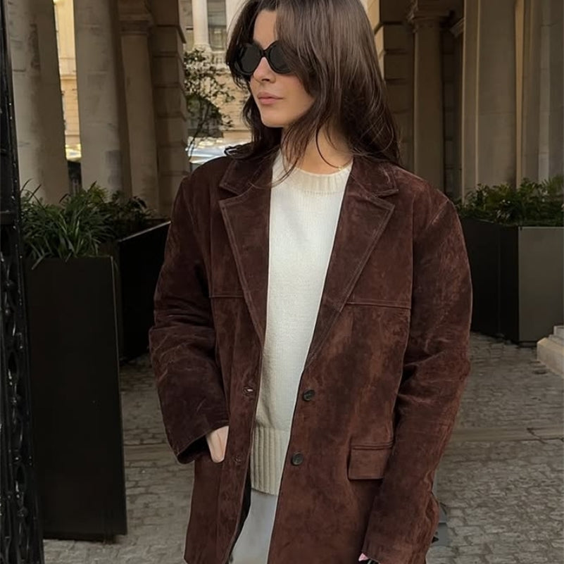 Vintage Brown Suede Jacket for Women Single Breasted Turndown Collar Blazer with Pocket Casual Office Outerwear Autumn 2025 250905