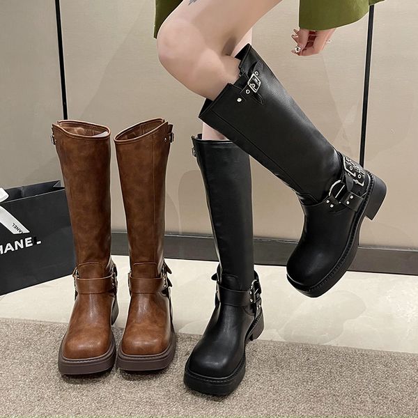 High Knee Women Fashion Slip on Ladies Low Heel Knight Boots New Autumn Winter Women&#039;s Biker Booties atos Mujer bf6f &#039;s