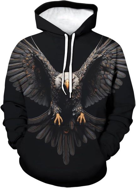 Capuz para massens unissex engraçado bandeira de águia careca capuz para homens 3D Padrão vintage de manga longa Hoodies de manga comprida M