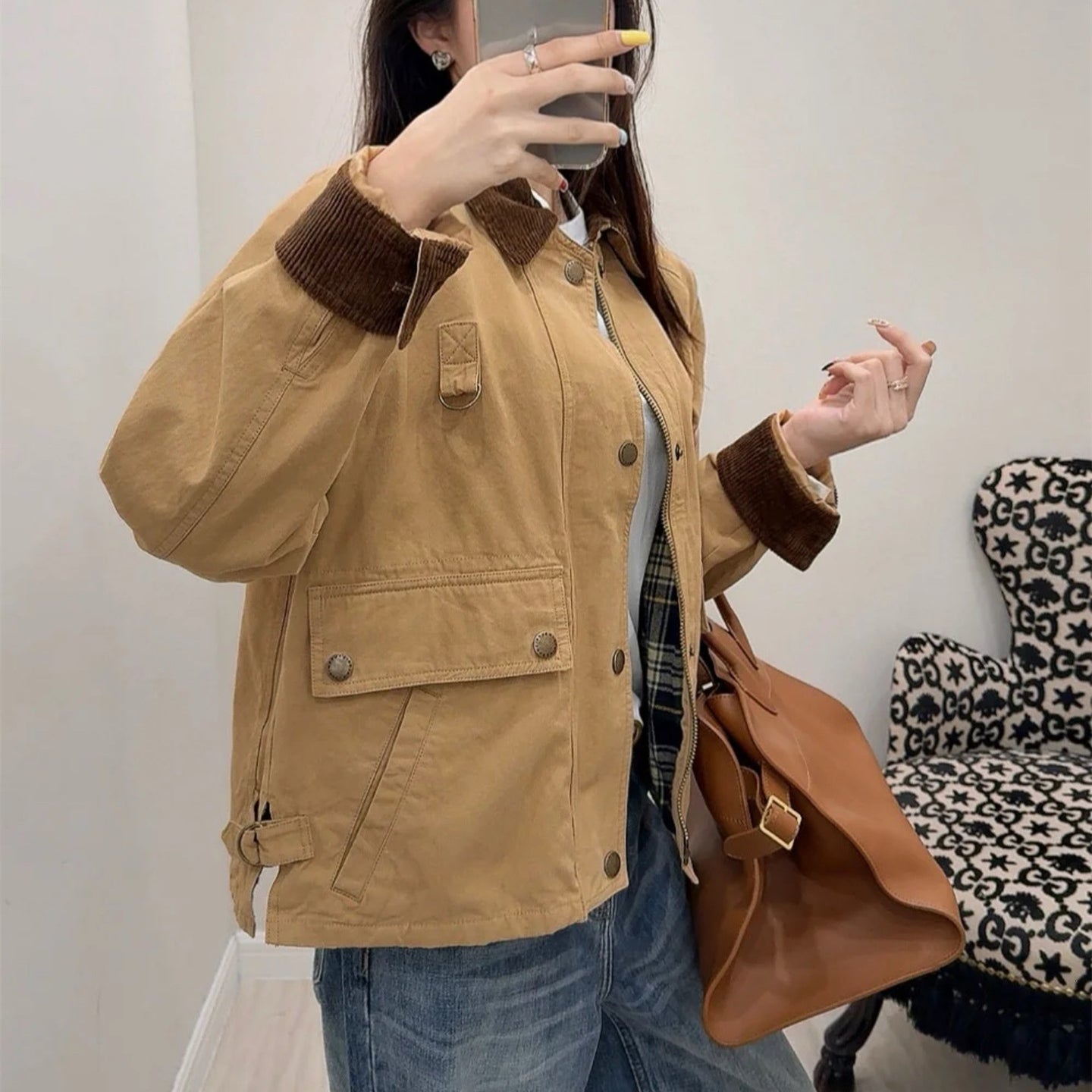 Womens Utility Jacket Vintage Workwear Coat Khaki Bomber Outerwear Fashion Streetwear Asian Size Turn Down Collar Casual Ladies Jacket