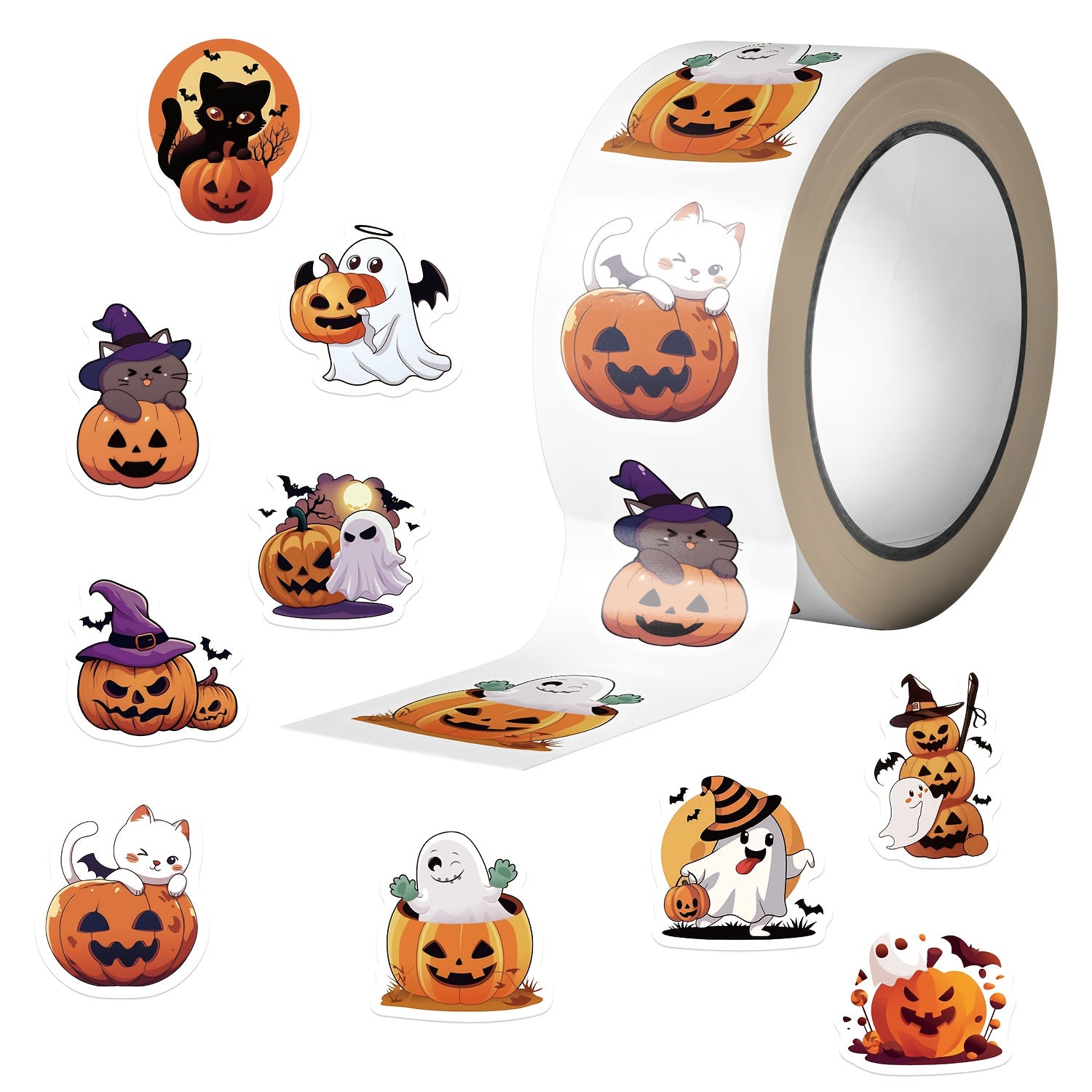 TEMU 500pcs Halloween Stickers Roll - Glossy Vinyl, Reusable , , Pumpkins, Bats, & Cats Sheets For Scrapbooking, Journals, Laptop, Phone, Water