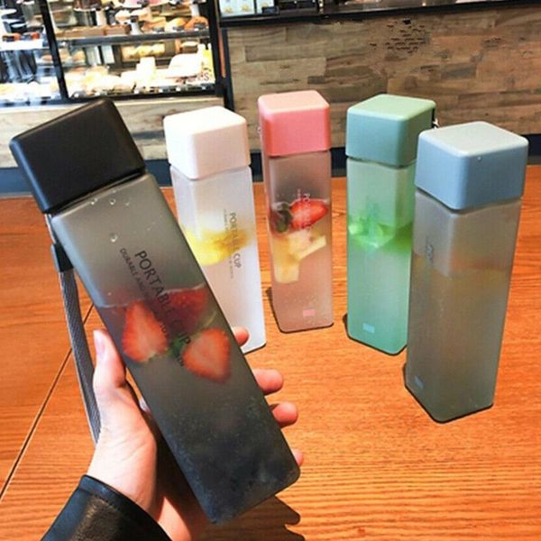 Water Bottles 1Pc 500ml Transparent Square Plastic Matte Cup Outdoor Cold Juice Sports with Portable Milk Rope Bottle 220907
