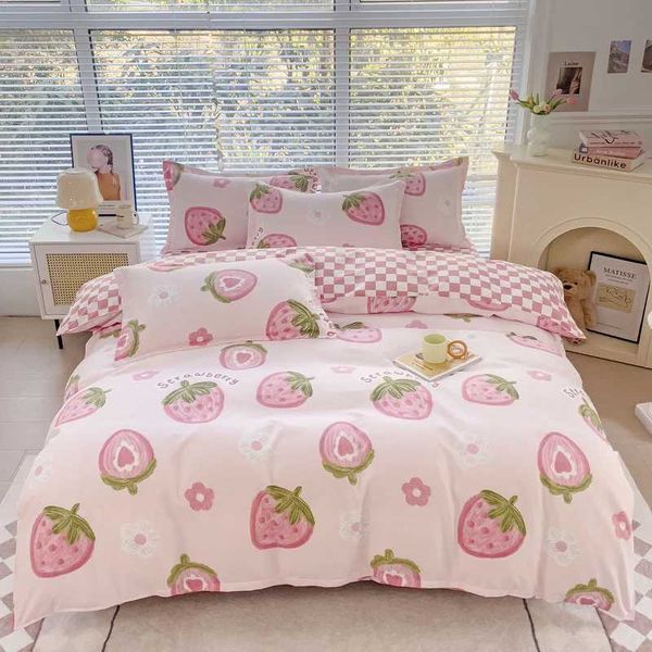Cute strawberry down duvet cover flower thickened comfortable cover Kawaii bedding set soft reversible design suitable for both girls and bo