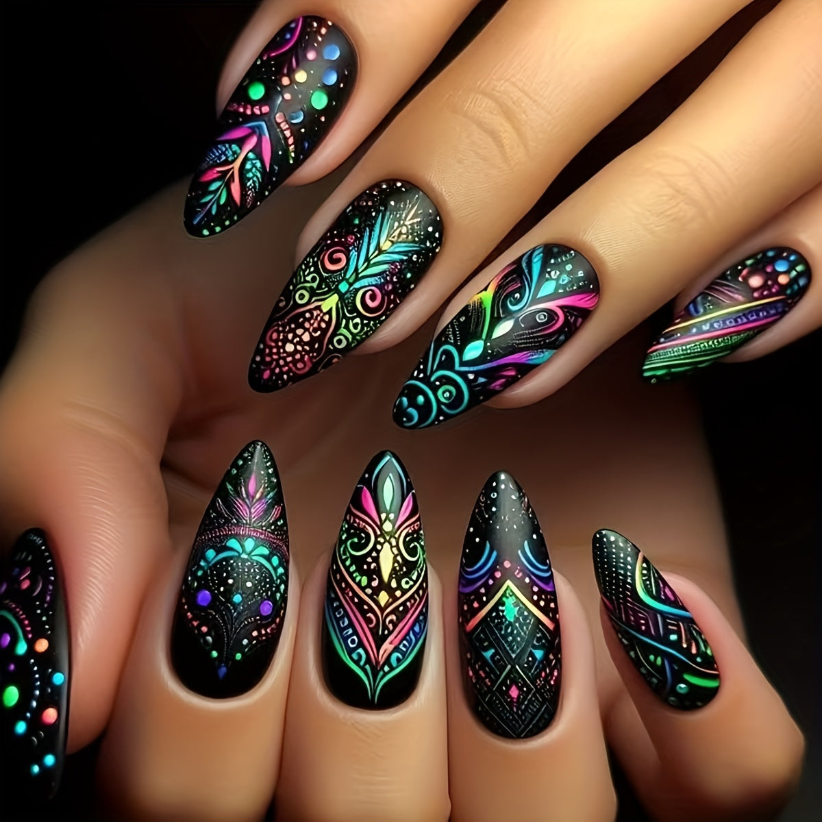 TEMU 24pcs Long Almond Black Press-on Nails With Colorful Tribal Floral Designs - Glossy Detachable Fake Nails For Casual Attire & Special Occasions,