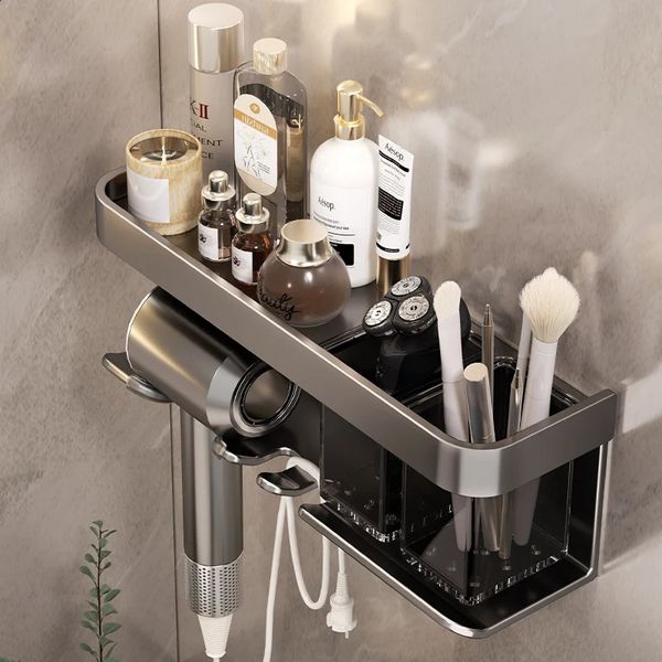 Bathroom Shelf Makeup Storage Organizer Aluminum Alloy Hair Dryer Holder Bathroom Accessories Wall Shelf 240913