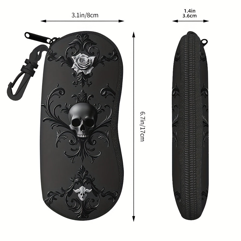 TEMU 1pc Gothic Skull & Floral Print Eyeglass Case With Clip - Black Zippered Glasses Pouch For Women, Compact & Portable, , And To Eyewear, Eyeglass