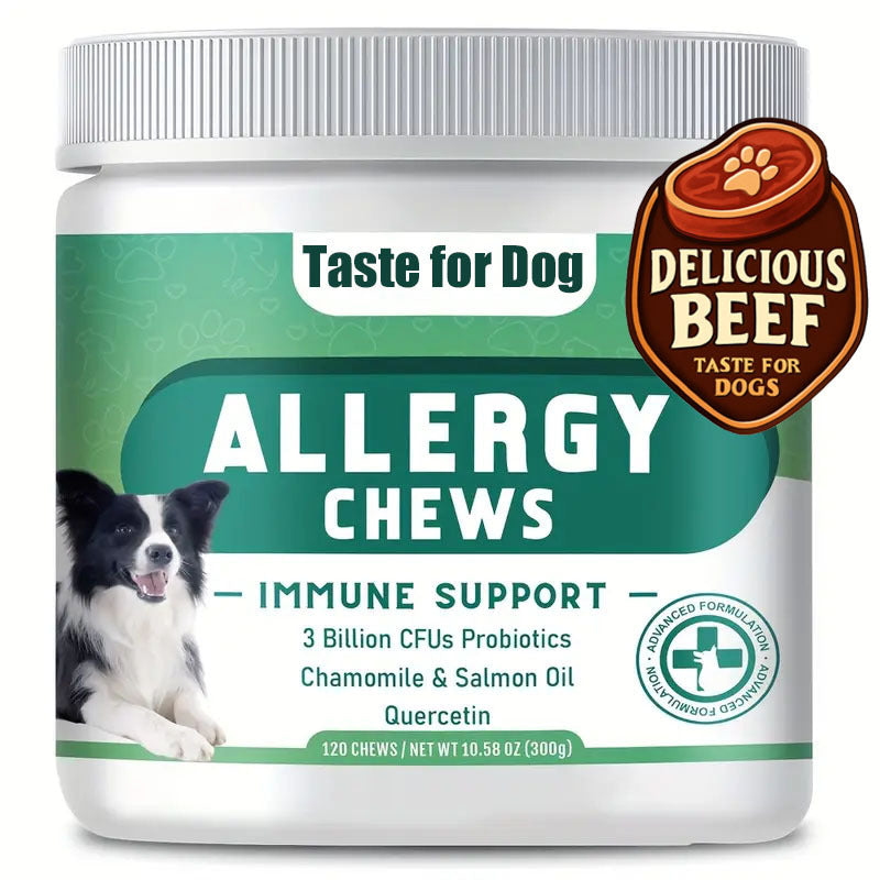TEMU Beef Flavor Dog Allergy Chews With Salmon Oil– Supplements For Support, Probiotics, Chamomile, , 120 Chews, Nutritious Pet Treats For , Skin & ,