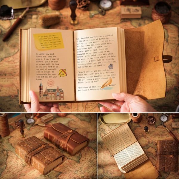 Exquisite Retro Leather Notepad Notebook Antique Leather Diary Handmade Leather Bound Sketchbook Embossed Floral Cover 240809