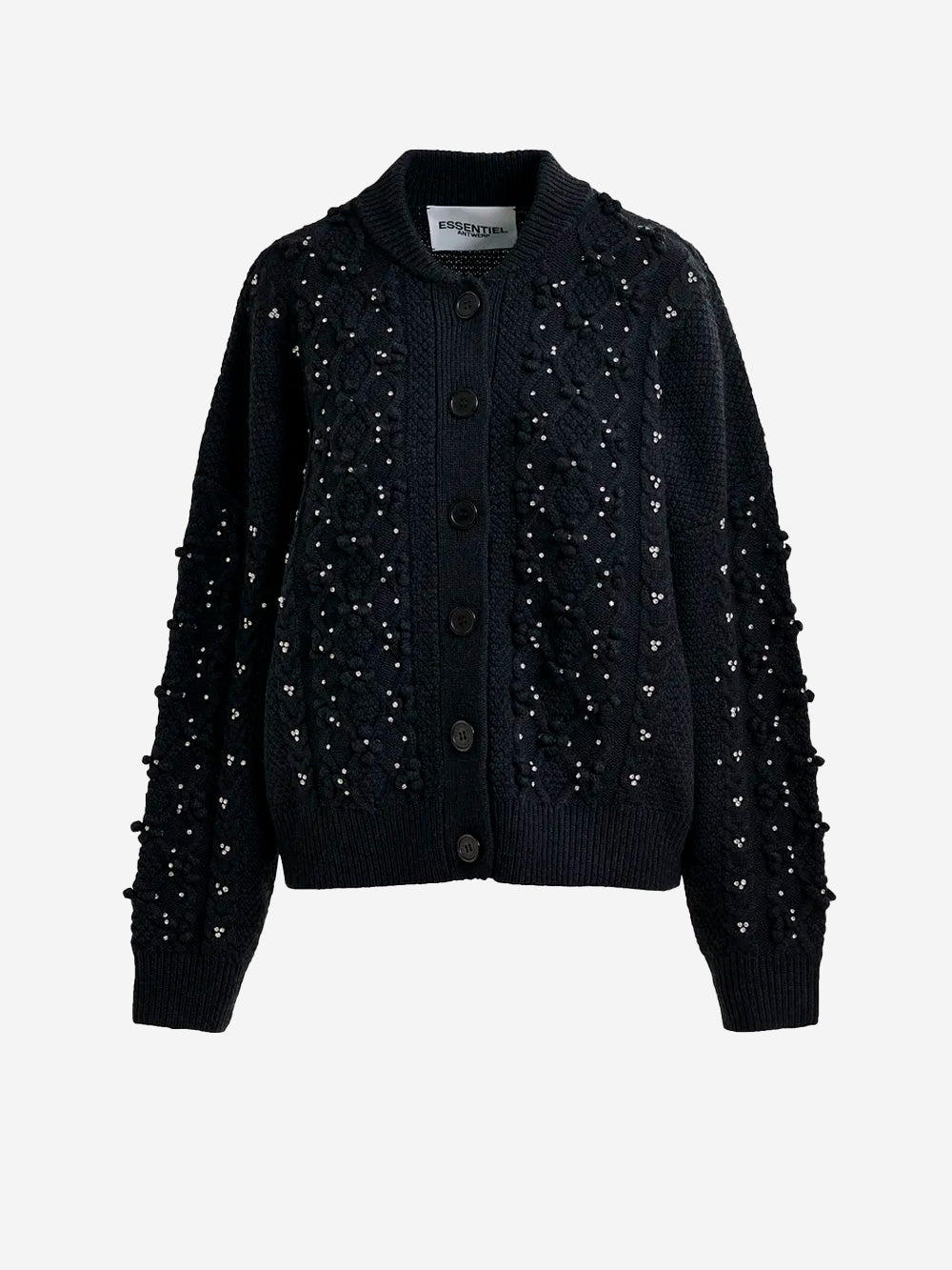 ESSENTIEL ANTWERP_Cardigan nero in misto lana a trecce con decorazioni in strass_Nero_XS_Donna
