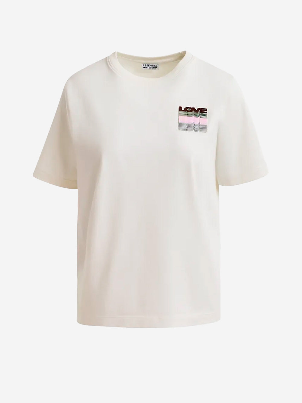 ESSENTIEL ANTWERP_T-shirt avorio con ricamo di paillettes 'Love'_Avorio_2_Donna