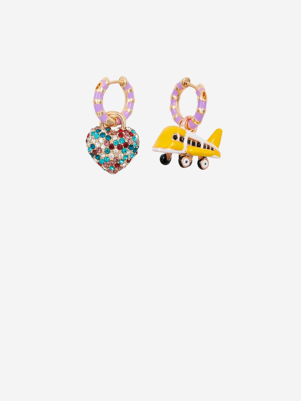 ESSENTIEL ANTWERP_Gold and purple hoop earrings with airplane and heart-shaped pendants_Multicolor__Women