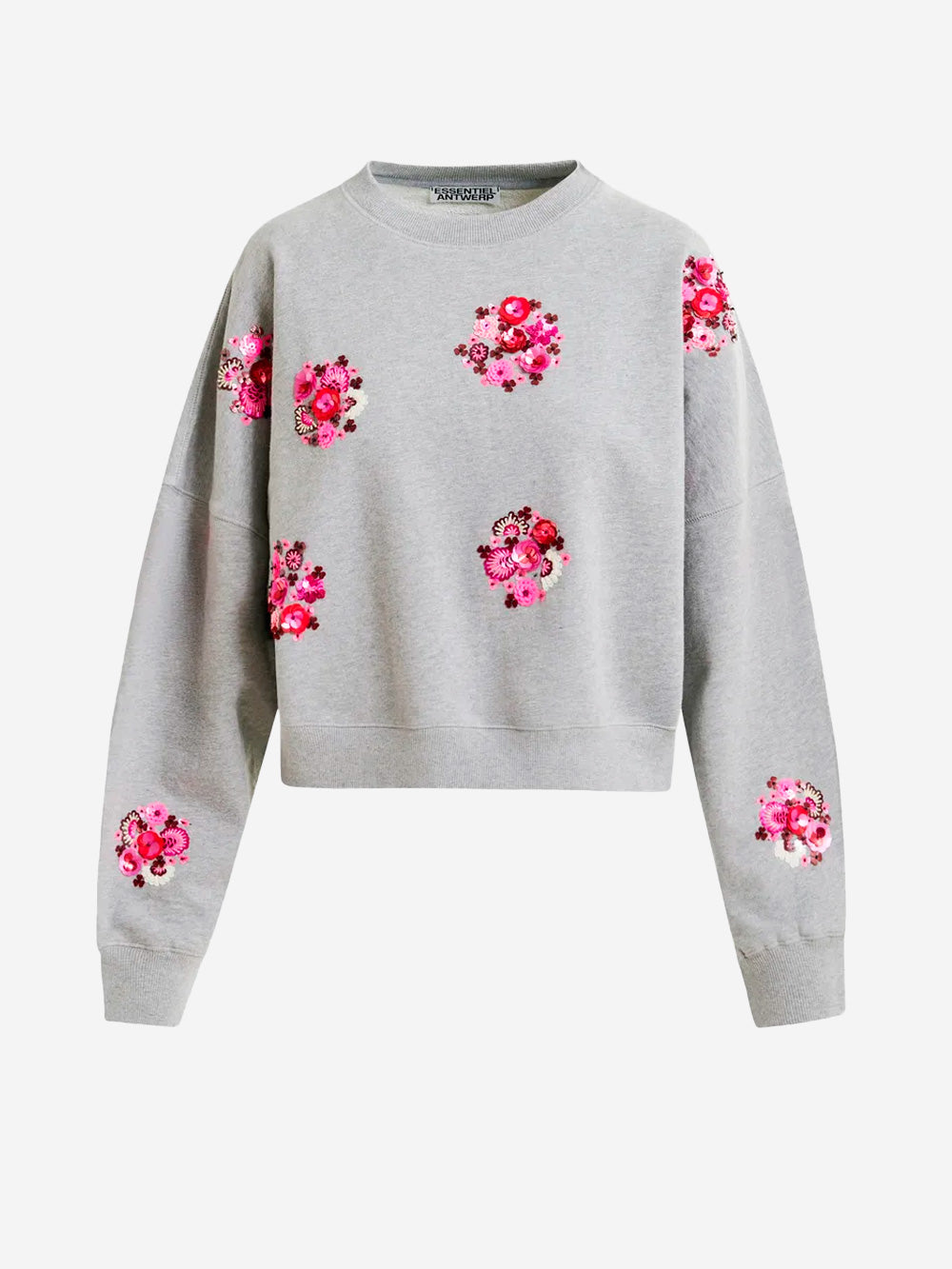 ESSENTIEL ANTWERP_Sweat-shirt gris et multicolore à col ras du cou avec broderie florale de paillettes et de perles_Gris_1_Femme