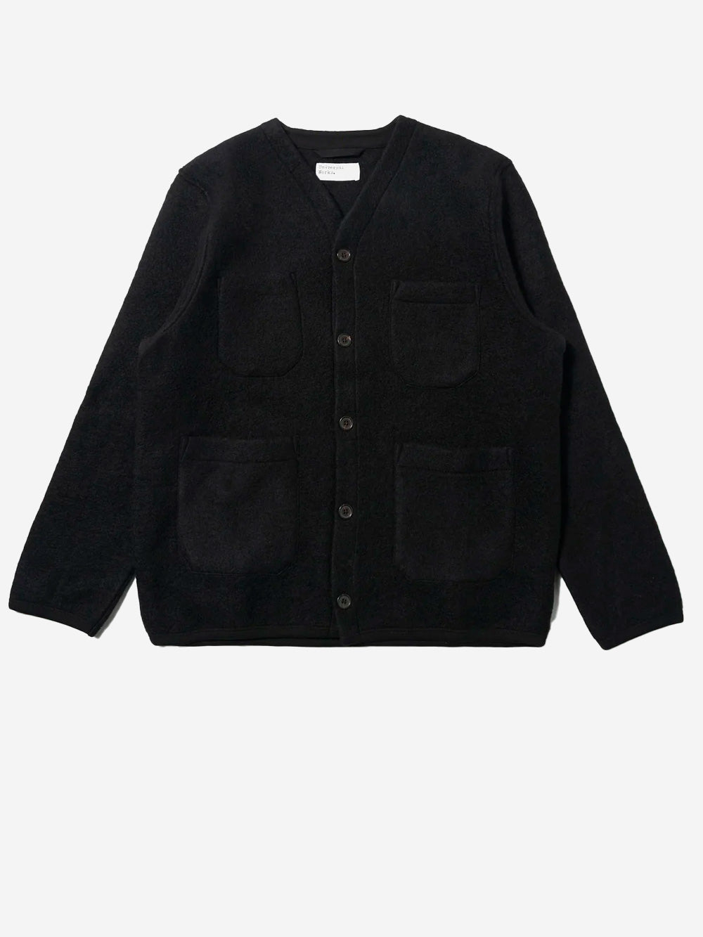 UNIVERSAL WORKS_Cardigan nero in fleece di lana con tasche applicate_Nero_M_Uomo