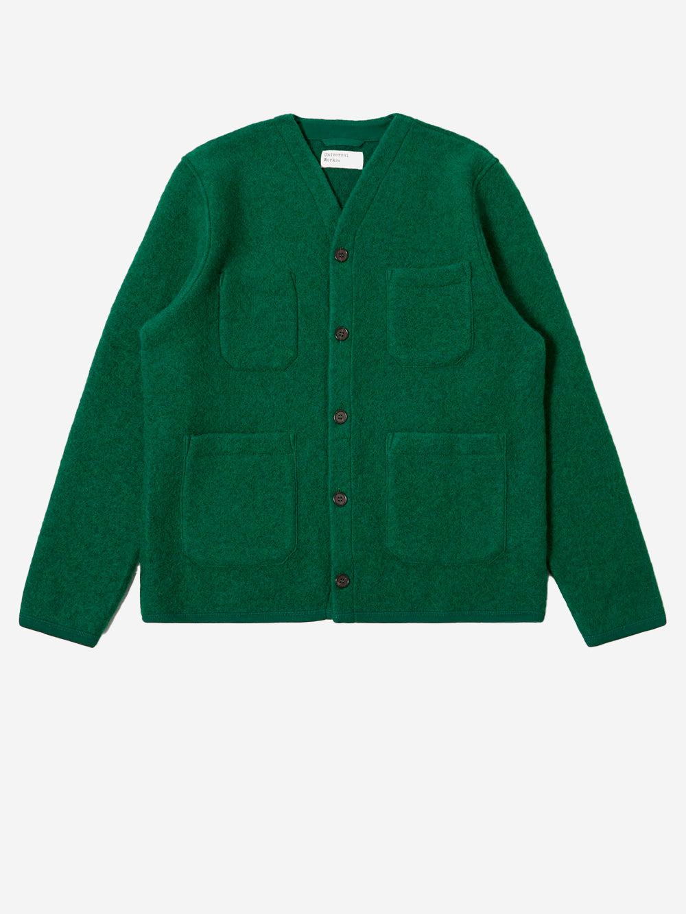 UNIVERSAL WORKS_Cardigan verde in fleece di lana con tasche applicate_Verde_L_Uomo