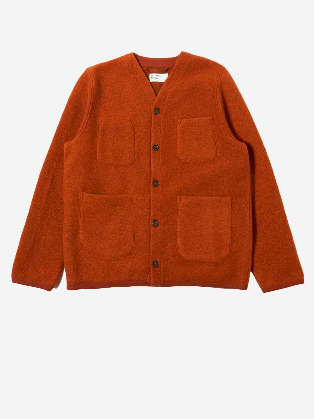 UNIVERSAL WORKS_Cardigan ruggine in fleece di lana con tasche applicate_Marrone_L_Uomo