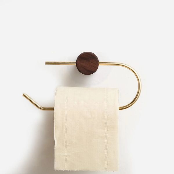 Toilet Paper Holders Wood Toilet Paper Holder No Drill Kitchen Storage Brass Towel Hanger Bathroom Accessories Self-Adhesive Wall Mounted Ti