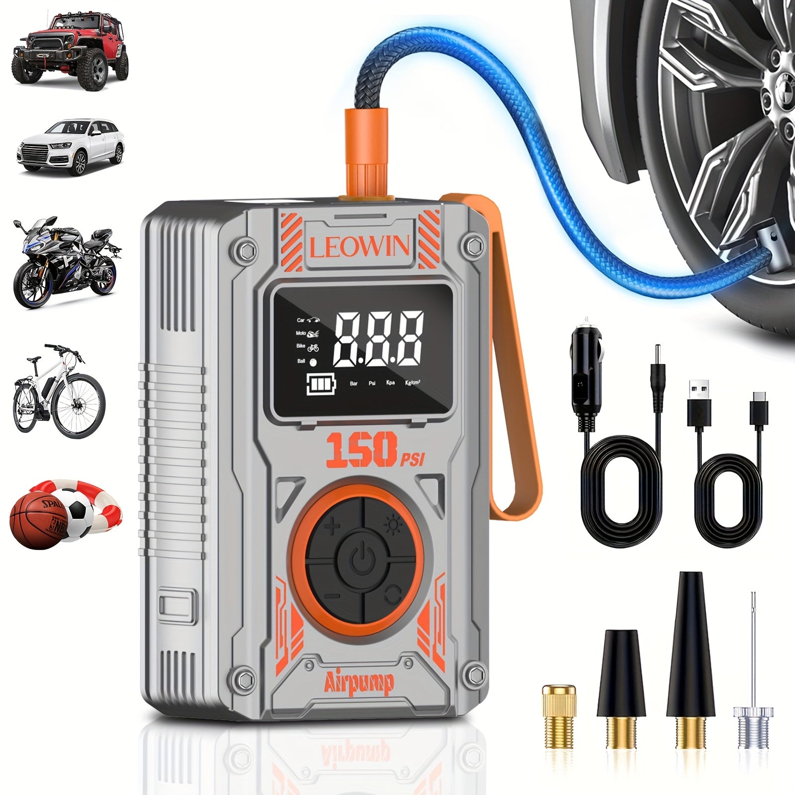 TEMU Tire Inflator Portable Air Compressor, 150 Psi Air Pump With Rechargeable Battery, 12v Car Power Adapter, Dual-use Type, Tire Pressure Gauge For