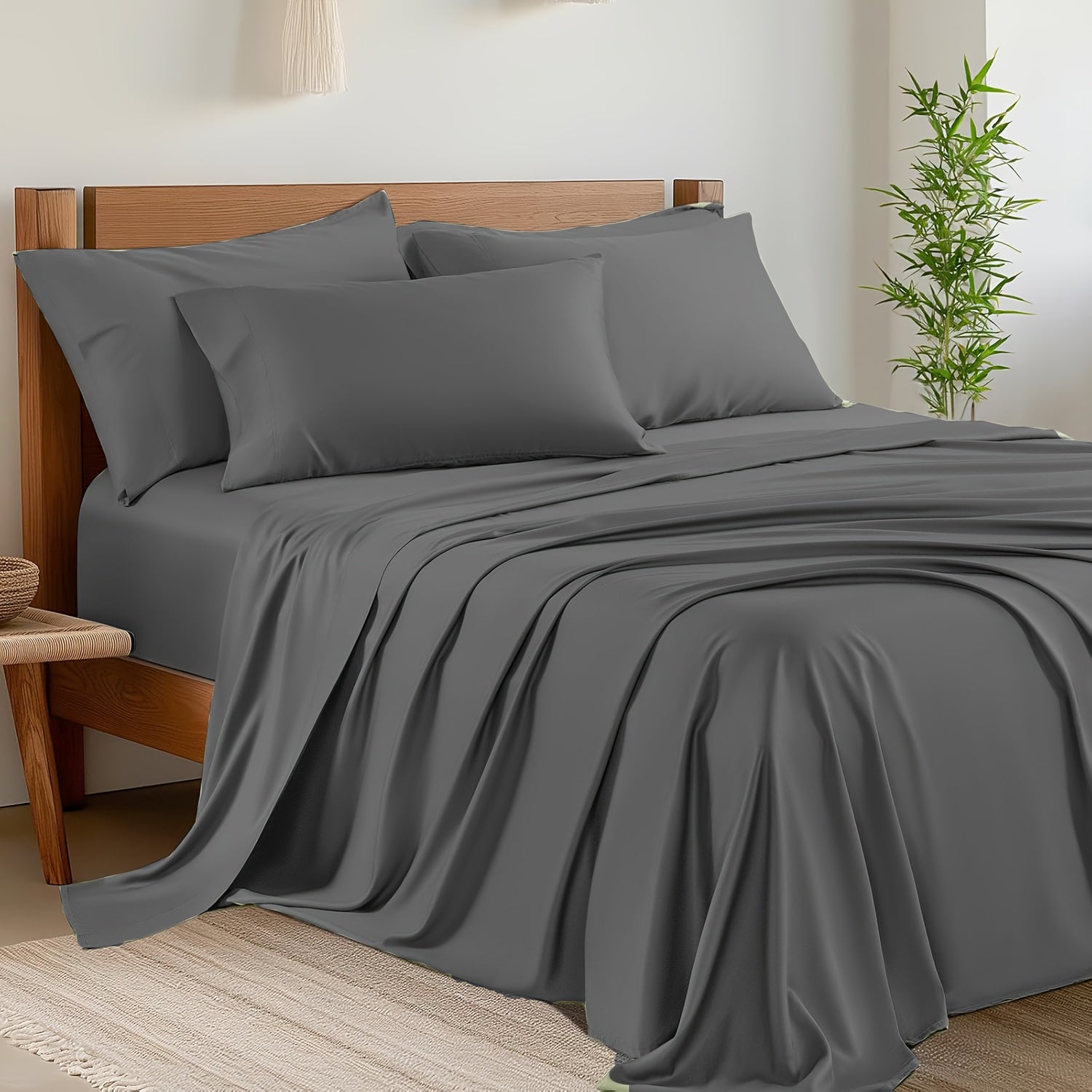 TEMU 4pcs Bamboo Rayon Bed Sheet Set - Deep Pocket 16", Breathable & Soft Luxury Bedding, Wrinkle & Fade Resistant, Machine Washable - Bedding Set,