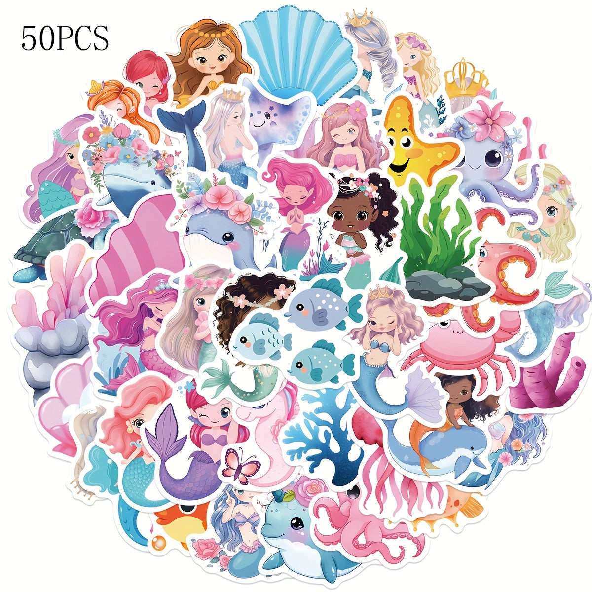 TEMU Zxirna Mermaid Stickers 50pcs, Vinyl Cartoon For Scrapbooking, Journaling, Laptops, Phones, Water Bottles, Skateboards, Cars - Durable Paper