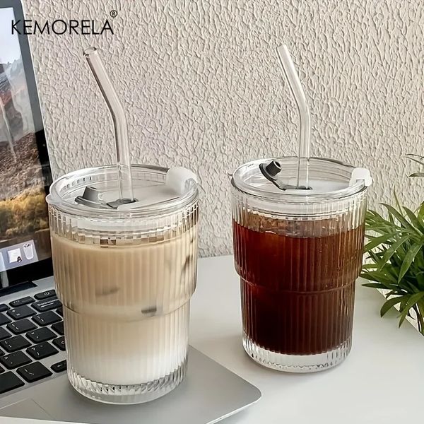 12PCS 450ml Stripe Glass Cup Transparent Glasses With Lid and Straw Ice Coffee Mug Tea Juice Milk Water Drinkware 240510
