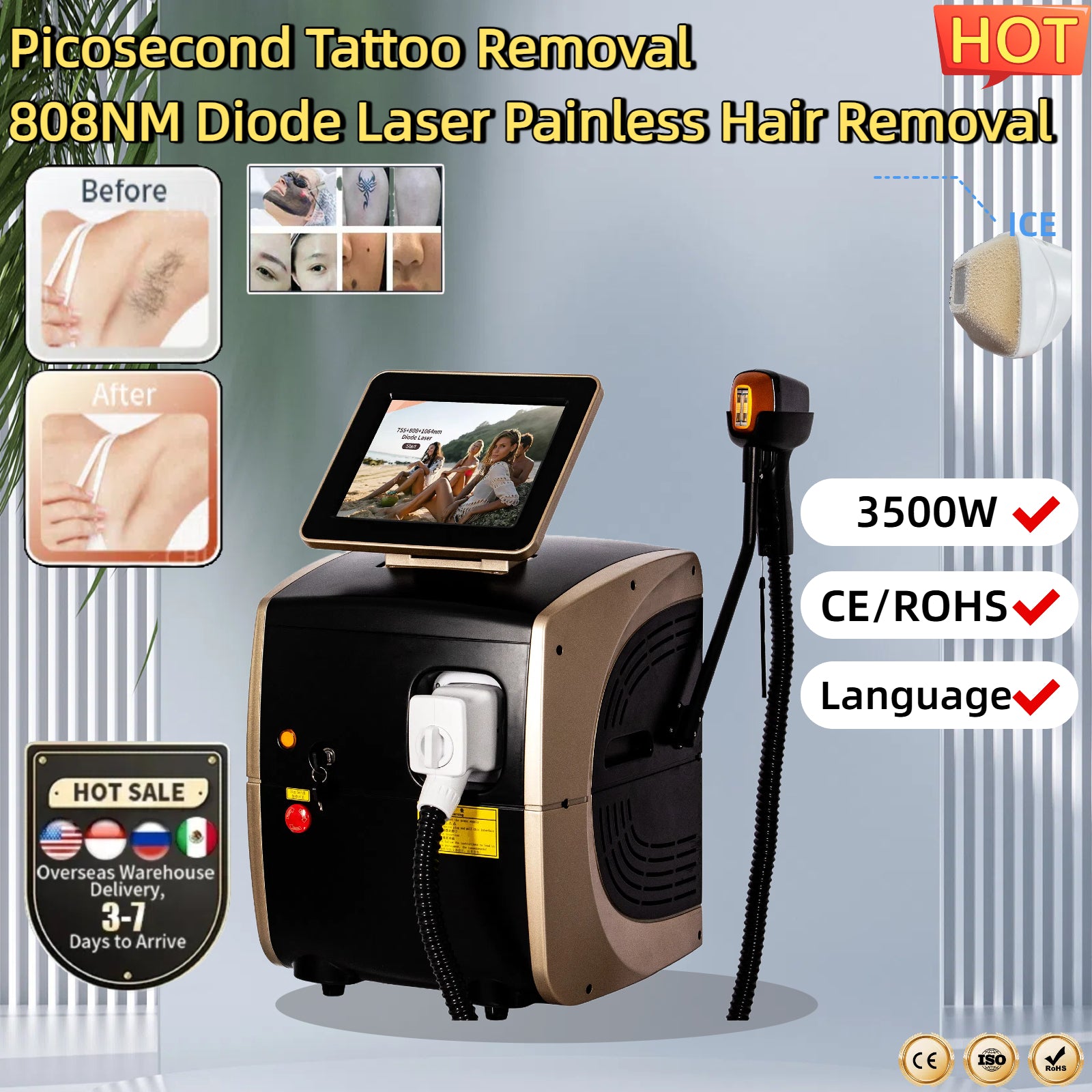 808nm Diode Laser Hair Removal Device Suitable for Men and Women Full Body Hair Removal Freezing Point Cooling Technology CE-ROHS